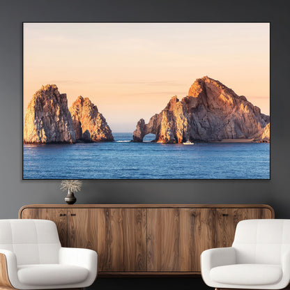 72996116-MGV-CV-36X24-El Arco Wall Art Canvas Print, Framed Cabo Rocks Art Picture Print, Ocean Arch Perfect Golden Coastal Landmark Decor Artwork