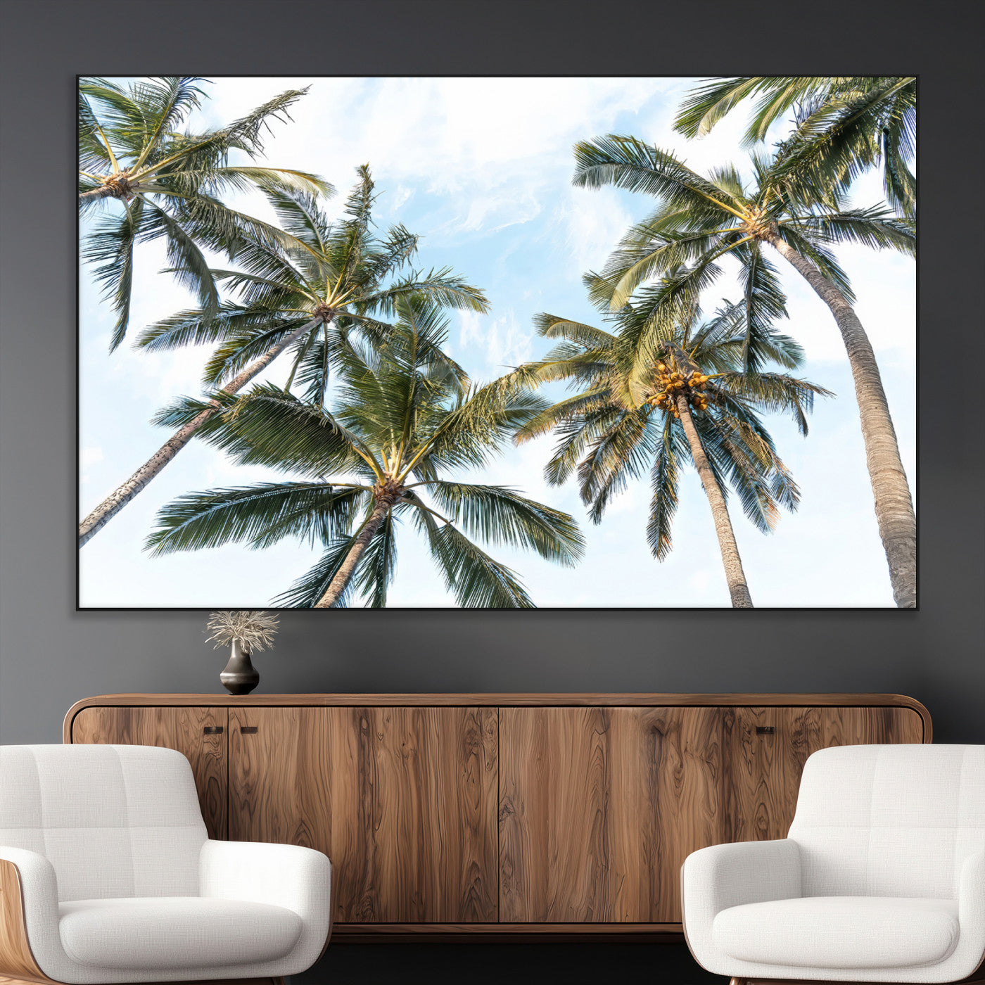 87247012-MGV-CV-36X24-Skyward Palm Trees Wall Art Canvas Print, Framed Tropical Sky Art Picture Print, Coconut Palm Perfect Tropical Skyview Decor