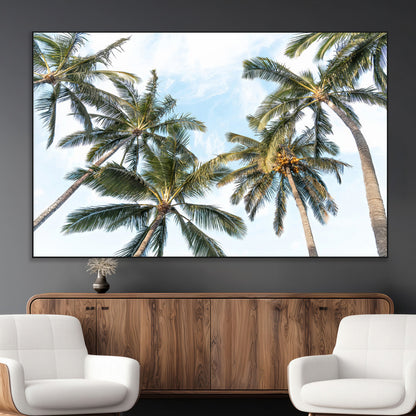 87247012-MGV-CV-36X24-Skyward Palm Trees Wall Art Canvas Print, Framed Tropical Sky Art Picture Print, Coconut Palm Perfect Tropical Skyview Decor