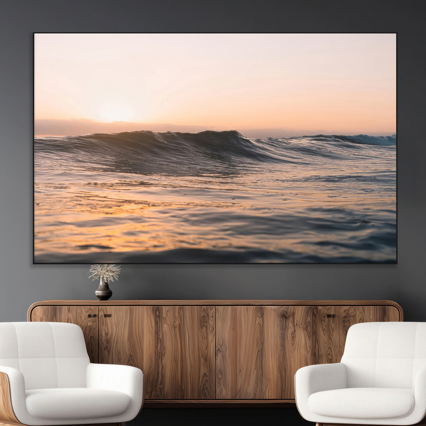 46299358-MGV-CV-36X24-Sunset Waves Wall Art Canvas Print, Framed Ocean Horizon Art Picture Print, Golden Water Perfect Golden Hour Coastal Decor Artwork