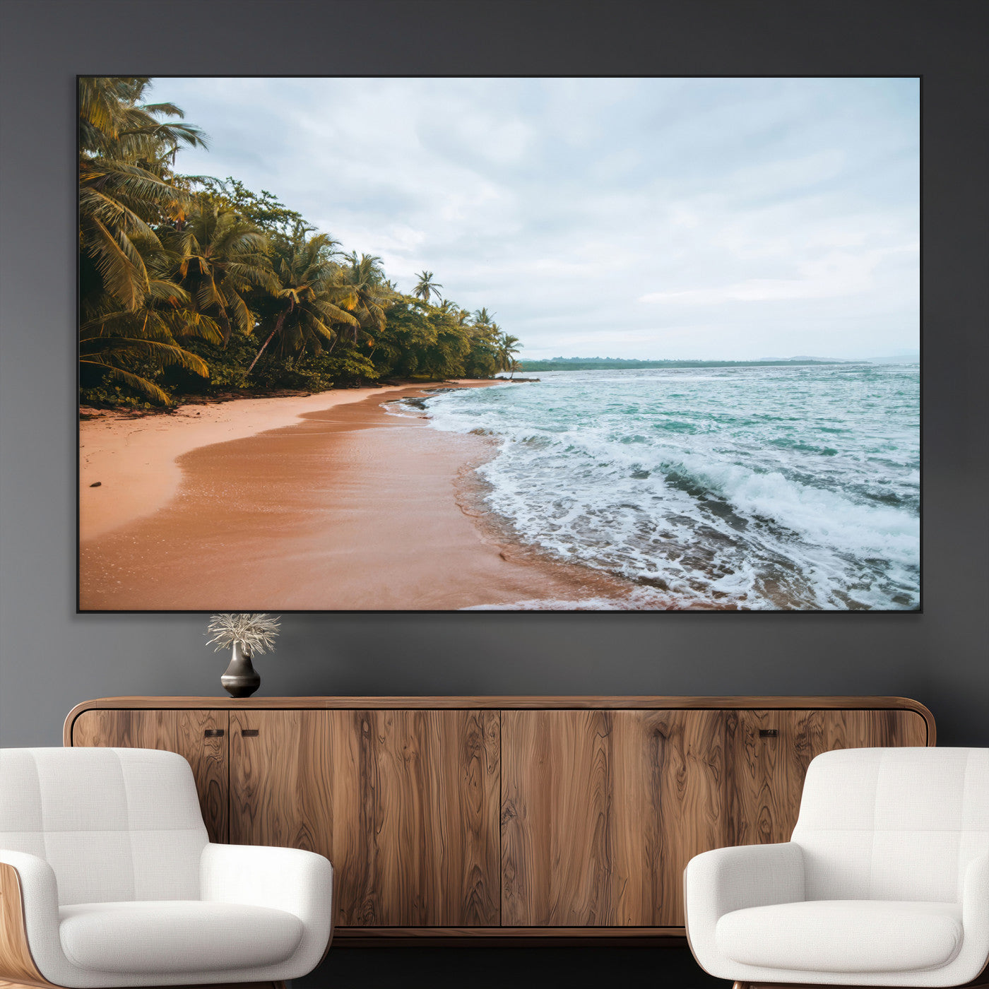 88125882-MGV-CV-36X24-Tropical Shoreline Wall Art Canvas Print, Framed Palm Trees Art Picture Print, Tropical Ocean Perfect Tropical Coastal Decor