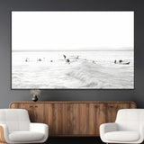 33449548-MGV-CV-36X24-Group Surfers Wall Art Canvas Print, Framed Ocean Wave Art Picture Print, Surf Crowd Perfect Monochrome Surf Decor Artwork