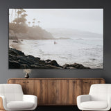 62501405-SEG-FC-51X34_Oversize_Oversize-Misty Beach Wall Art Canvas Print, Framed California Surfer Art Picture Print, Coastal Cliff Perfect Coastal Beach Decor Artwork