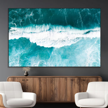 23828594-MGV-CV-36X24-Aerial Waves Wall Art Canvas Print, Framed Ocean Break Art Picture Print, Sea Foam Perfect Tropical Coastal Decor Artwork