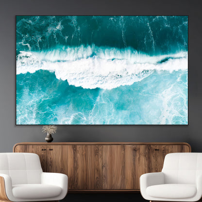 23828594-MGV-CV-36X24-Aerial Waves Wall Art Canvas Print, Framed Ocean Break Art Picture Print, Sea Foam Perfect Tropical Coastal Decor Artwork