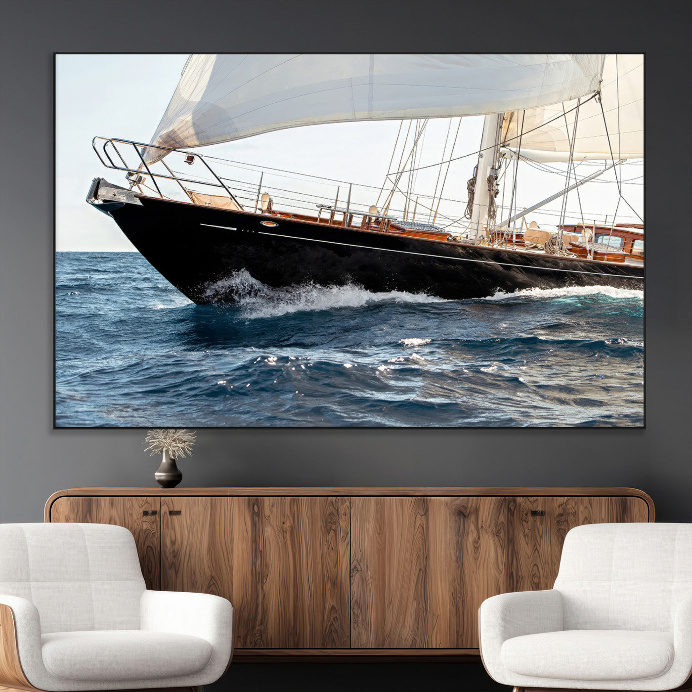 97168626-MGV-CV-36X24-Sailing Yacht Wall Art Canvas Print, Framed Wooden Yacht Art Picture Print, Ocean Waves Perfect Nautical Coastal Decor Artwork