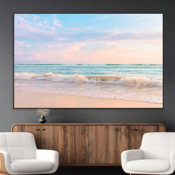 74679437-MGV-CV-36X24-Pastel Ocean Wall Art Canvas Print, Framed Beach Waves Art Picture Print, Soft Sunset Perfect Pastel Coastal Decor Artwork