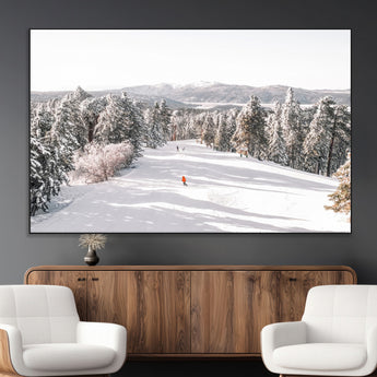 62119206-MGV-CV-36X24-Snowy Trail Wall Art Canvas Print, Framed Ski Slope Art Picture Print, Winter Pines Perfect Alpine Adventure Decor Artwork