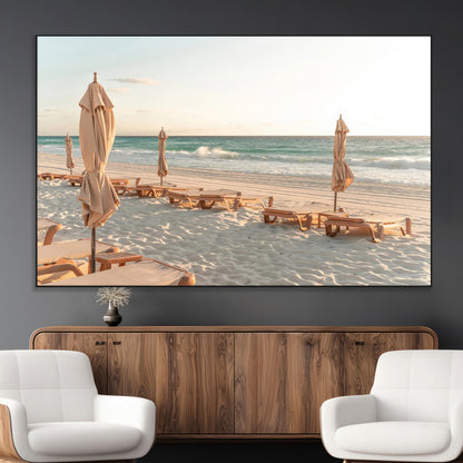 58507949-MGV-CV-36X24-Beach Umbrellas Wall Art Canvas Print, Framed Empty Loungers Art Picture Print, Soft Sand Perfect Minimalist Seaside Decor Artwork