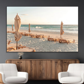 58507949-MGV-CV-36X24-Beach Umbrellas Wall Art Canvas Print, Framed Empty Loungers Art Picture Print, Soft Sand Perfect Minimalist Seaside Decor Artwork