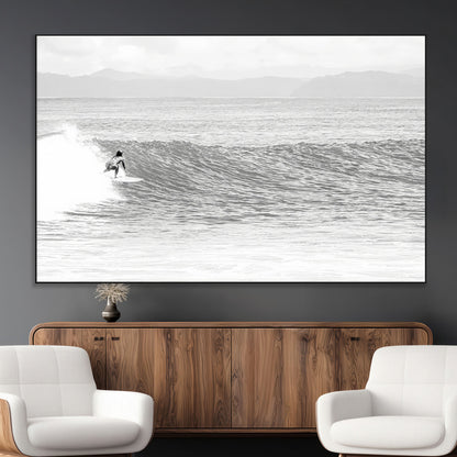 81535128-MGV-CV-36X24-Surfer Woman Wall Art Canvas Print, Framed Black Ocean Art Picture Print, Ocean Surfing Perfect Monochrome Coastal Decor Artwork