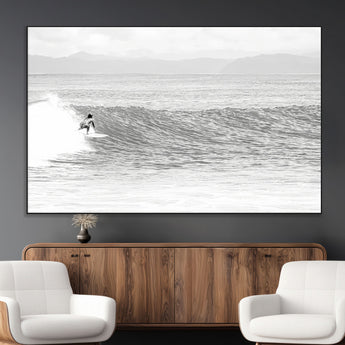 81535128-MGV-CV-36X24-Surfer Woman Wall Art Canvas Print, Framed Black Ocean Art Picture Print, Ocean Surfing Perfect Monochrome Coastal Decor Artwork