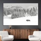 68081143-MGV-CV-36X24-Snowy Bison Wall Art Canvas Print, Framed Winter Forest Art Picture Print, Lone Bison Perfect Monochrome Winter Wild Decor Artwork