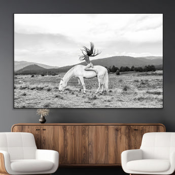 62789800-MGV-CV-36X24-White Horse Wall Art Canvas Print, Framed Woman Rider Art Picture Print, Equestrian Pose Perfect Western Boho Decor Artwork