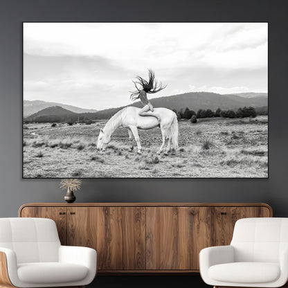 62789800-MGV-CV-36X24-White Horse Wall Art Canvas Print, Framed Woman Rider Art Picture Print, Equestrian Pose Perfect Western Boho Decor Artwork