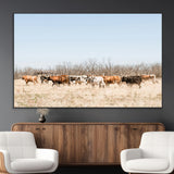 16563092-MGV-CV-36X24-Texas Longhorns Wall Art Canvas Print, Framed Western Cattles Art Picture Print, Rustic Herd Perfect Rustic Farmhouse Decor