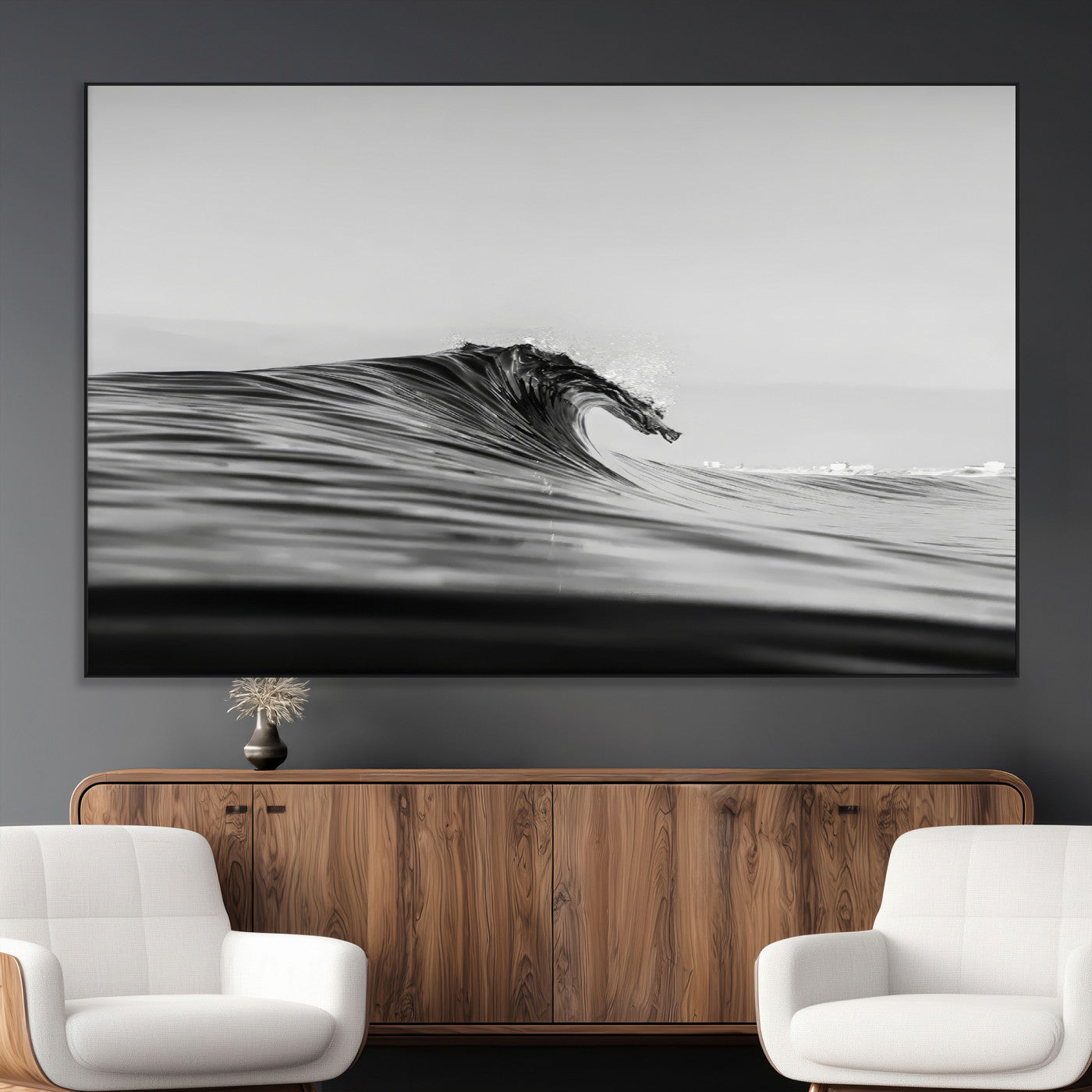24029476-MGV-CV-36X24-Black Wave Wall Art Canvas Print, Framed Abstract Surf Art Picture Print, Minimalist Ocean Perfect Minimalist Coastal Decor
