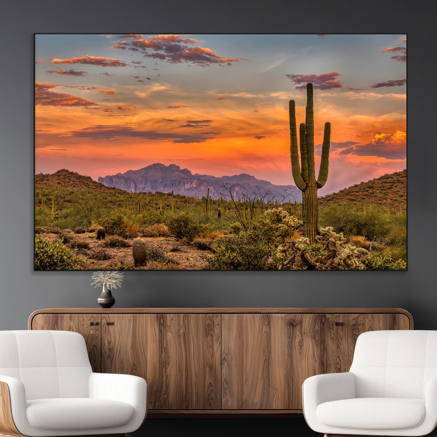 25332783-MGV-CV-36X24-Saguaro Cactus Wall Art Canvas Print, Framed Arizona Sunset Art Picture Print, Sonoran Desert Perfect Southwestern Boho Decor