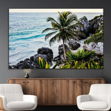 94669907-MGV-CV-36X24-Tropical Coastline Wall Art Canvas Print, Framed Palm Tree Art Picture Print, Rocky Beach Perfect Tropical Coastal Decor Artwork