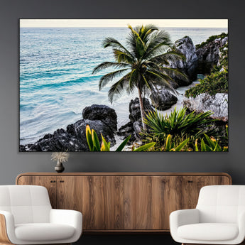 94669907-MGV-CV-36X24-Tropical Coastline Wall Art Canvas Print, Framed Palm Tree Art Picture Print, Rocky Beach Perfect Tropical Coastal Decor Artwork