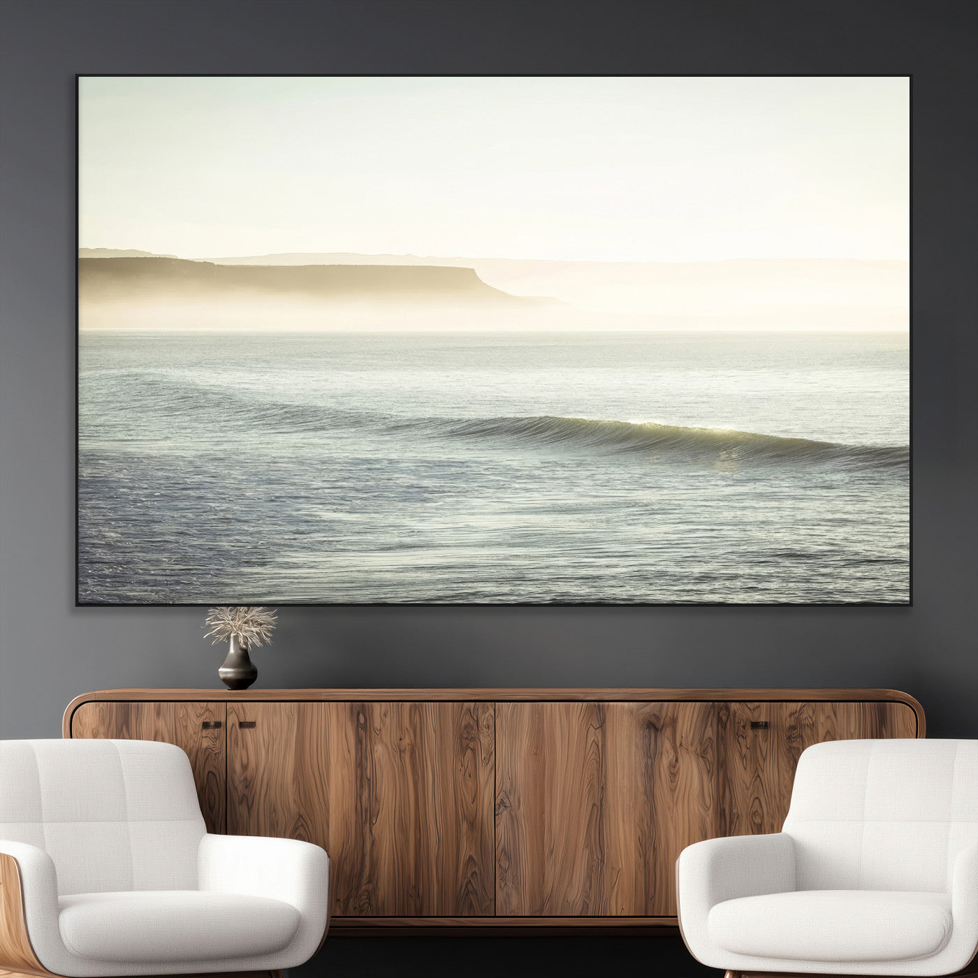 39310633-MGV-CV-36X24-Coastal Cliffs Wall Art Canvas Print, Framed Misty Ocean Art Picture Print, Morning Light Perfect Minimalistic Coastal Decor