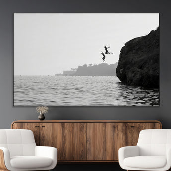 52284302-MGV-CV-36X24-Cliff Jumping Wall Art Canvas Print, Framed Ocean Adventure Art Picture Print, Black White Coast Perfect Modern Coastal Decor