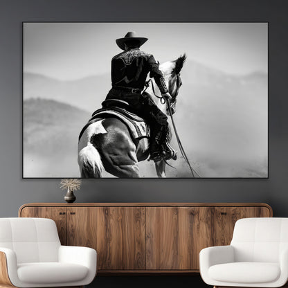 83102464-MGV-CV-36X24-Western Cowboy Wall Art Canvas Print, Framed Monochrome Horse Art Picture Print, Western Equestrian Perfect Rustic Western Decor