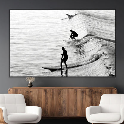 19875284-MGV-CV-36X24-Surfer Waves Wall Art Canvas Print, Framed Black White Surf Art Picture Print, Monochrome Ocean Perfect Modern Coastal Decor