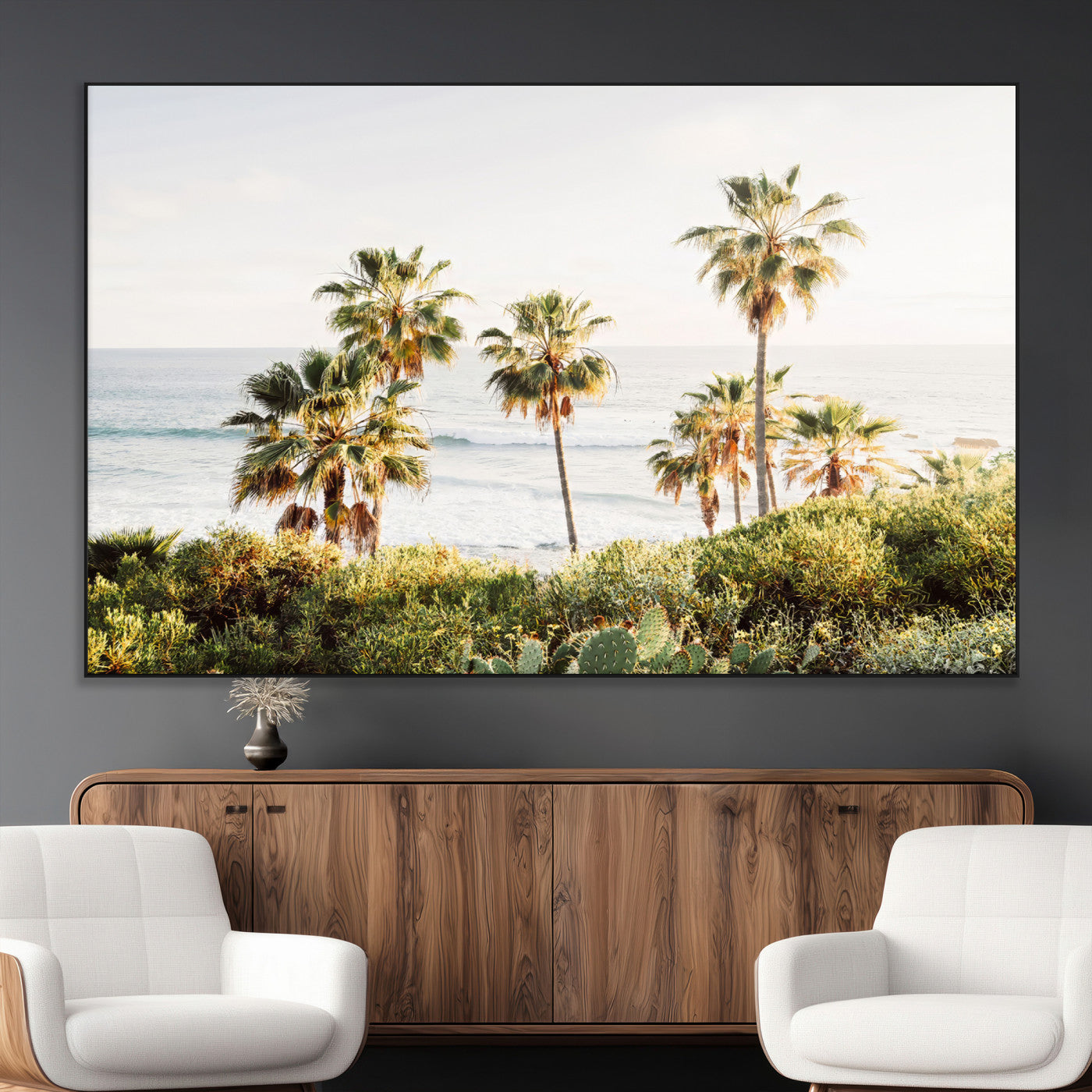 94707294-MGV-CV-36X24-California Coast Wall Art Canvas Print, Framed Palm Trees Art Picture Print, Coastal Landscape Perfect Coastal Minimalist Decor