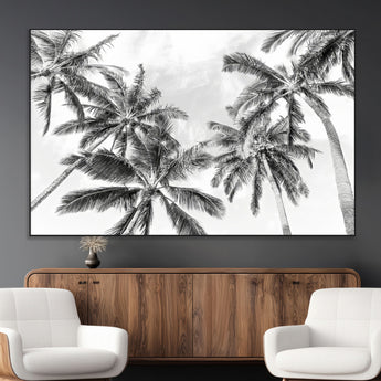 62113786-MGV-CV-36X24-Black White Palm Wall Art Canvas Print, Framed Monochrome Tropics Art Picture Print, Minimalist Beach Perfect Coastal Minimalist