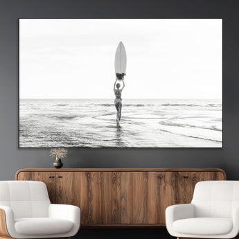 98446901-MGV-CV-36X24-Monochrome Surf Wall Art Canvas Print, Framed Minimalist Surfer Art Picture Print, Surfboard Silhouette Perfect Coastal Minimalist
