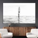 98446901-MGV-CV-36X24-Monochrome Surf Wall Art Canvas Print, Framed Minimalist Surfer Art Picture Print, Surfboard Silhouette Perfect Coastal Minimalist
