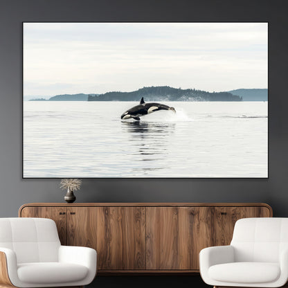 10157174-MGV-CV-36X24-Orca Whale Wall Art Canvas Print, Framed Black White Whale Art Picture Print, Minimalist Ocean Perfect Coastal Minimalist Decor