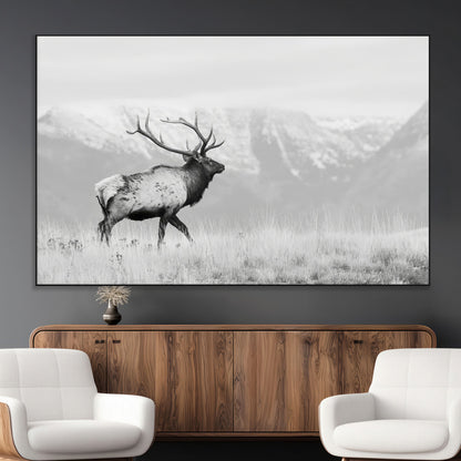 62278753-MGV-CV-36X24-Monochrome Elk Wall Art Canvas Print, Framed Mountain Wildlife Art Picture Print, Rustic Nature Perfect Rustic Minimalist Decor