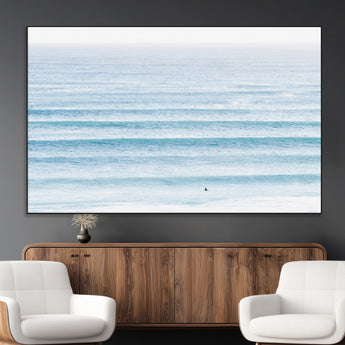 77145995-MGV-CV-36X24-Ocean Simplicity Wall Art Canvas Print, Framed Surfer on Water Art Picture Print, Light Blue Perfect Coastal Minimalist Decor