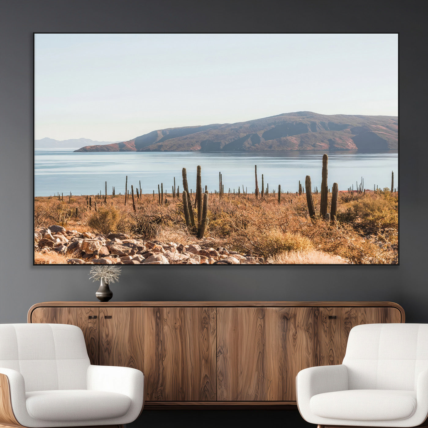 45193515-MGV-CV-36X24-Desert Cactus Wall Art Canvas Print, Framed Baja Coastline Art Picture Print, Coastal Desert Perfect Southwestern Minimalist Decor