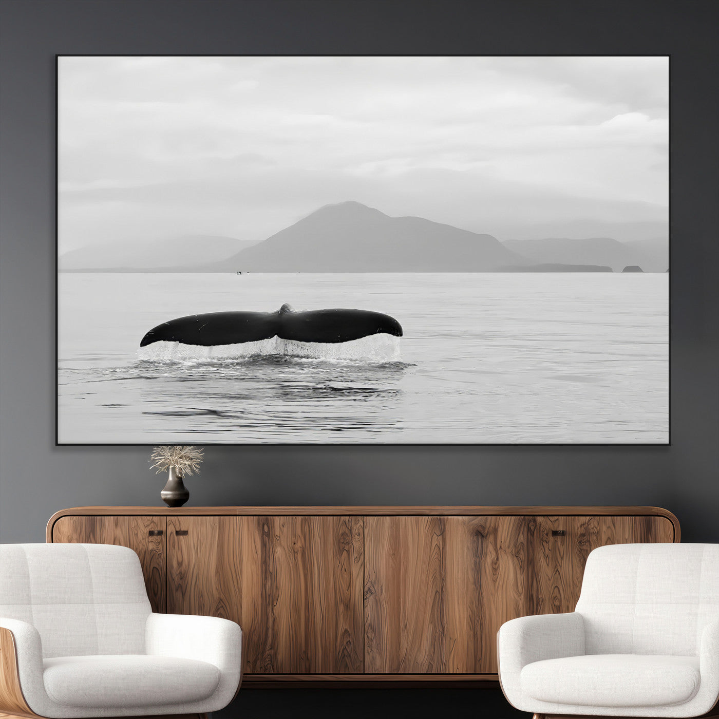 30524220-MGV-CV-36X24-Whale Tail Wall Art Canvas Print, Framed Black White Ocean Art Picture Print, Calm Marine Perfect Minimalist Coastal Decor Artwork