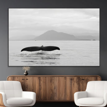 30524220-MGV-CV-36X24-Whale Tail Wall Art Canvas Print, Framed Black White Ocean Art Picture Print, Calm Marine Perfect Minimalist Coastal Decor Artwork