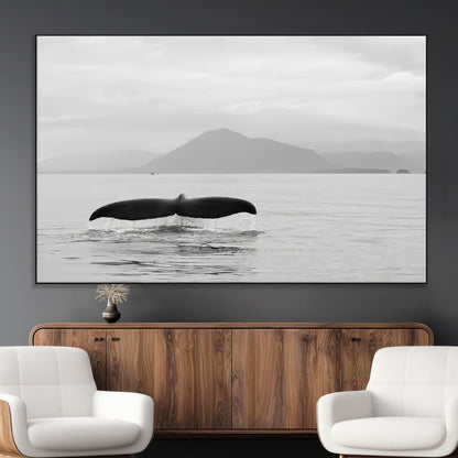 30524220-MGV-CV-36X24-Whale Tail Wall Art Canvas Print, Framed Black White Ocean Art Picture Print, Calm Marine Perfect Minimalist Coastal Decor Artwork