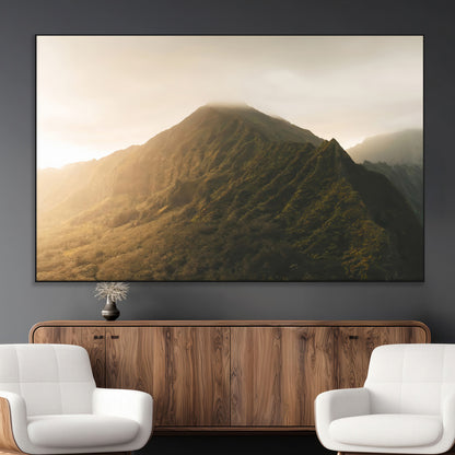 42338636-MGV-CV-36X24-Golden Mountain Wall Art Canvas Print, Framed Misty Summit Art Picture Print, Rugged Landscape Perfect Moody Wilderness Decor