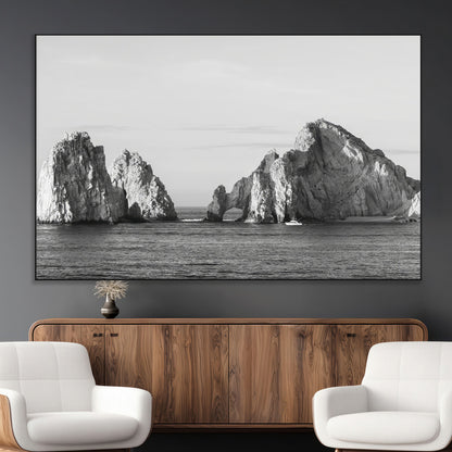 18810731-MGV-CV-36X24-Rugged Coastline Wall Art Canvas Print, Framed Ocean Cliffs Art Picture Print, Monochrome Seascape Perfect Coastal Minimalist