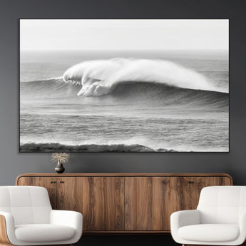 42544082-MGV-CV-36X24-Monochrome Seascape Wall Art Canvas Print, Framed Surf Wave Art Picture Print, Minimalist Ocean Perfect Moody Coastal Decor