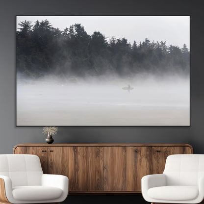 59703275-MGV-CV-36X24-Surfer in Fog Wall Art Canvas Print, Framed Foggy Beach Art Picture Print, Coastal Surf Perfect Moody Coastal Decor Artwork