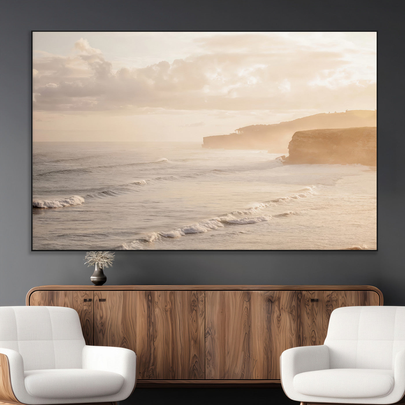 57669769-MGV-CV-36X24-Misty Coastal Wall Art Canvas Print, Framed Golden Sunset Art Picture Print, Serene Shoreline Perfect Tranquil Coastal Decor