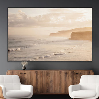 57669769-MGV-CV-36X24-Misty Coastal Wall Art Canvas Print, Framed Golden Sunset Art Picture Print, Serene Shoreline Perfect Tranquil Coastal Decor