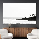 40875891-MGV-CV-36X24-SurferCliffs Wall Art Canvas Print, Framed Black White Beach Art Picture Print, Ocean Waves Perfect Minimalist Coastal Decor