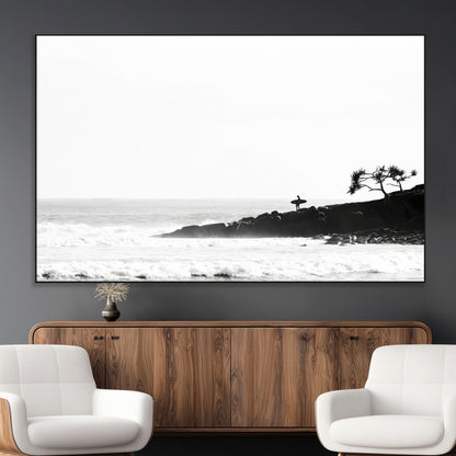 40875891-MGV-CV-36X24-SurferCliffs Wall Art Canvas Print, Framed Black White Beach Art Picture Print, Ocean Waves Perfect Minimalist Coastal Decor