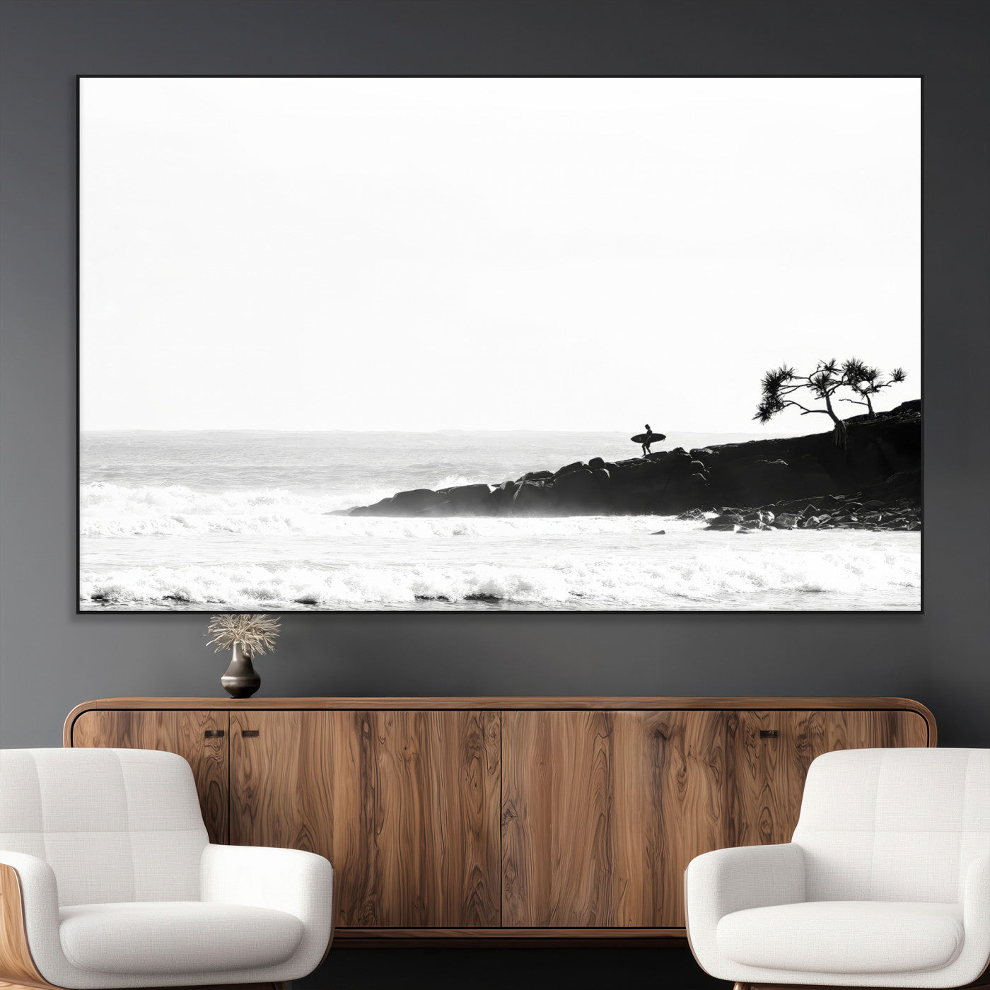 40875891-MGV-CV-36X24-SurferCliffs Wall Art Canvas Print, Framed Black White Beach Art Picture Print, Ocean Waves Perfect Minimalist Coastal Decor