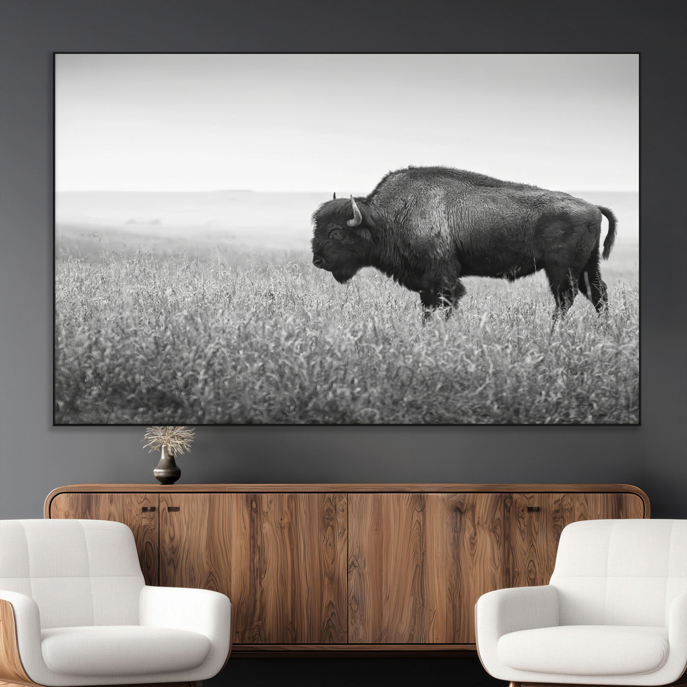 28435251-MGV-CV-36X24-Bison In Prairie Wall Art Canvas Print, Framed Rustic Wildlife Art Picture Print, Wild Buffalo Perfect Rustic Western Decor