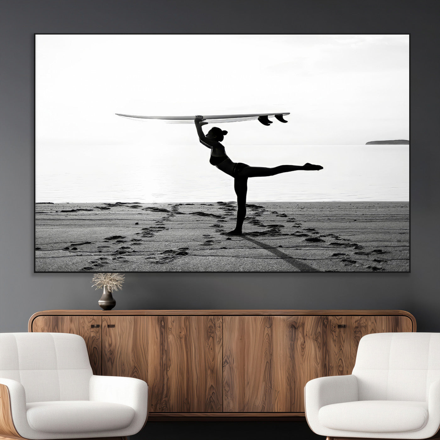 28441356-MGV-CV-36X24-Yoga Surf Wall Art Canvas Print, Framed Black White Shore Art Picture Print, Peaceful Ocean Perfect Minimalist Coastal Decor